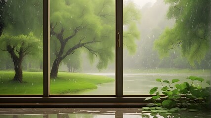 Type of Image: Artistic Image, Subject Description: An artistic representation of a tranquil rainy day scene with water droplets on a window and lush trees outside, Art Styles: Impressionism, Art Insp - obrazy, fototapety, plakaty