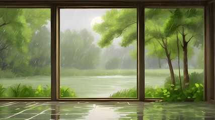 Type of Image: Artistic Image, Subject Description: An artistic representation of a tranquil rainy day scene with water droplets on a window and lush trees outside, Art Styles: Impressionism, Art Insp - obrazy, fototapety, plakaty