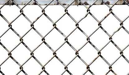  A closeup of the metal mesh on an old, weathered fence with a white background