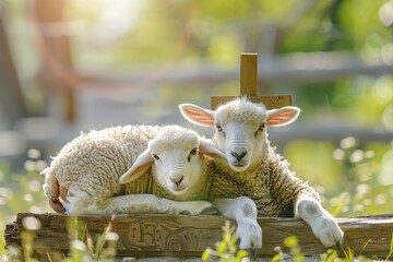 Depiction of Jesus Christ as Shepherd - Jesus Christ holding a Lamb - Blessing to Humanity - Imagination of Redemption and Faith. Beautiful simple AI generated image in 4K, unique. - obrazy, fototapety, plakaty