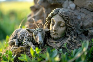 Naklejka premium Depiction of Jesus Christ as Shepherd - Jesus Christ holding a Lamb - Blessing to Humanity - Imagination of Redemption and Faith. Beautiful simple AI generated image in 4K, unique.