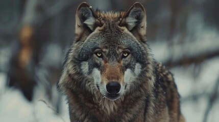 Naklejka na ściany i meble the wolf’s solitary presence in the snowy wilderness, The Wolf’s Winter Watch. Generative AI
