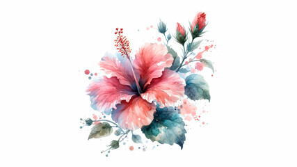 Beautiful hibiscus rosa sinensis flower, watercolor drawing
