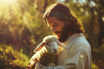 Jesus Christ with Easter Lamb - AI Generated. Beautiful simple AI generated image in 4K, unique. - obrazy, fototapety, plakaty