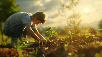 Young Boy Planting Sapling in Sunlit Garden: A Moment of Growth and Care. Generative ai