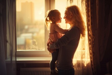 Happy mother and daughter photography windowsill portrait.