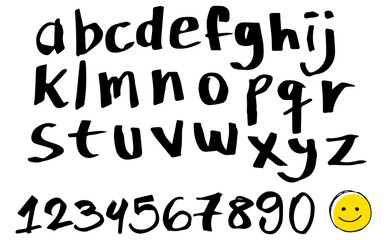 Vector handmade alphabet. Letters and numbers with irregular shapes, fun characters, loose lettering, typography in black isolated on white background. A to Z, 0 to 9, abc font set design.