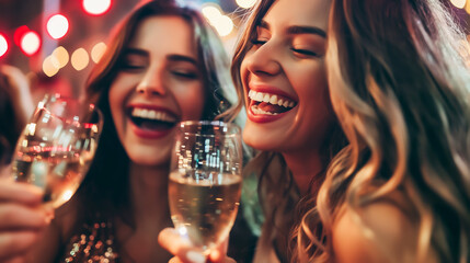 Group of woman friends laughing and enjoy in champagne night party. Clubbing event or birthday celebration. Happy woman friends with alcohol glasses