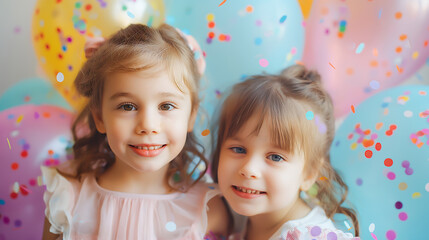 Cheerful two little girl celebrating birthday with glittery confetti splashing. Children birthday party. Celebrating New Year