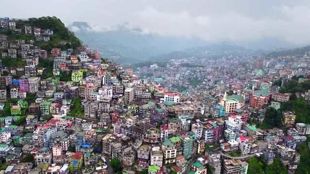 Aerial view of aizawl city capital of mizoram view over the houses and building on the hills in aizawl, mizoram, India, asia