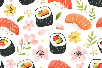 Pattern with sushi and flowers on white background.