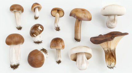 Delve into a Wild Mushroom Medley with lifelike porcini and chanterelle mushrooms against a white backdrop. Perfect for culinary presentations, market signage, or nature-inspired branding.