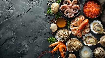 Fototapeta na wymiar Beautiful seafood with vegetables and herbs on a dark stone background. Food advertising. Banner, menu.