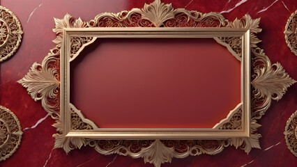 The mandala. golden frame on red marble background with copy space