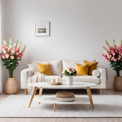 Interior of modern living room with white sofa, coffee table and flowers