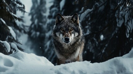 a lone wolf amidst a snowy landscape, A Lone Wolf in the Winter Wilderness. Generative AI