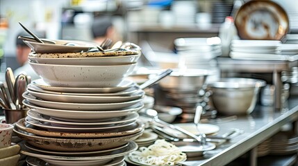Pile of Dirty Dishes and Cutlery in a Restaurant  Generative AI