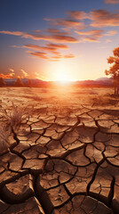 Drought. Desert landscape with cracked soil. Global ecology concept.