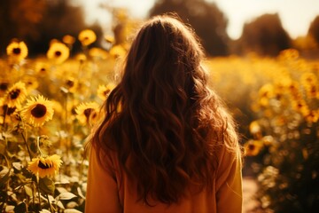 A young woman with long hair is standing in a field of sunflowers. The sun is shining brightly, and the sunflowers are in bloom. The woman is wearing a yellow sweater - Powered by Adobe