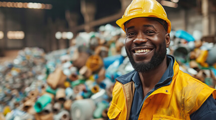 Smiling Worker in a yellow hard hat at Waste Management Plant - 795608919