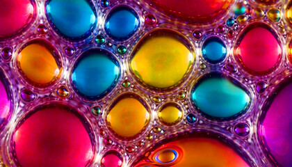 Bright multi-colored bubbles and drops, abstract liquid background