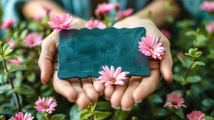 Hands holding Blank blackboard surrounded by vibrant pink flowers - 795609302
