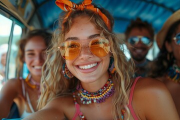 Happy young woman with sunglasses smiling inside a colorful van, surrounded by friends