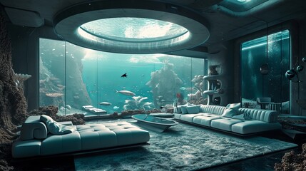 Luxurious Underwater Living Room with Panoramic Ocean View and Exotic Marine Life