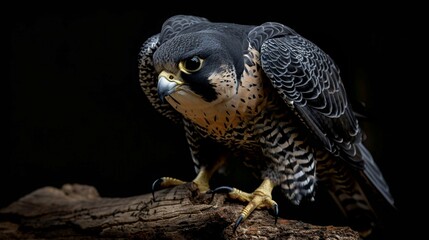 A Peregrine Falcon, the aerial hunter, perched in contemplation. Its dark feathers are highlighted by the subtle light, revealing the bird’s iconic patterns and formidable presence. Generative AI - obrazy, fototapety, plakaty