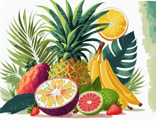 illustration composition of tropical fruits on a white background - obrazy, fototapety, plakaty