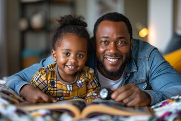 A heartwarming portrait of a father and his young daughter sharing a delightful moment over a storybook