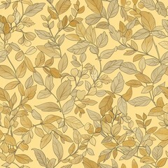 Autumn Botanical Illustration: Golden Leaves Pattern on Yellow Background
