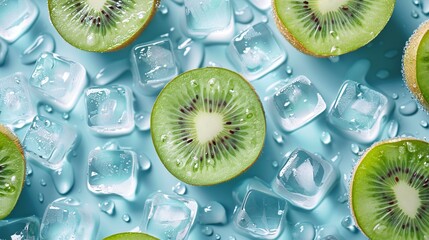 top view of  sliced of kiwi and ice
