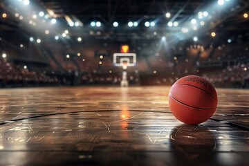 Basketball on court with arena lights