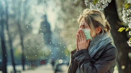Woman suffering from seasonal pollen allergy on a street Generative AI - obrazy, fototapety, plakaty