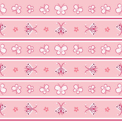 Little white butterflies and flowers in horizontal stripes on a pink background. Seamless repeated surface vector pattern design.