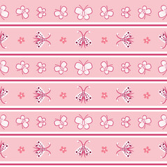 Little white butterflies and flowers in horizontal stripes on a pink background. Seamless repeated surface vector pattern design.