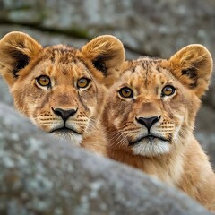 Fototapeta premium Two Lion cubs behind the rock, Wildlife Moments