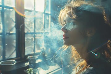 A mysterious woman surrounded by sunlight with smoke adding to the enigmatic atmosphere and lens flare enhancing the mood