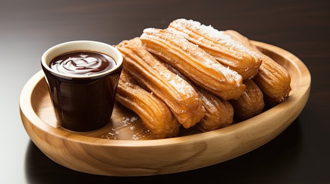 Mexican Spanish classic dessert with white chocolate sauce on sides