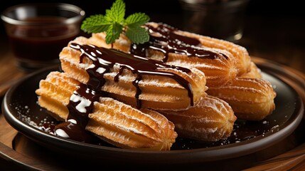 Mexican Spanish classic dessert with white chocolate sauce on sides