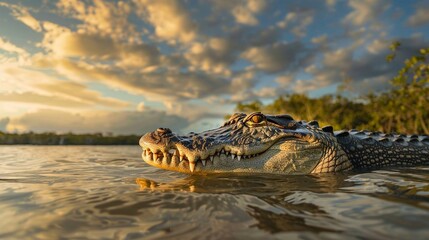 Fototapeta premium A Close-Up of an Alligator Lurking in the Waters. Generative AI