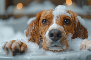 A domestic dog looking surprised while covered in soap suds during a bath, showcasing the concept of pet grooming - obrazy, fototapety, plakaty