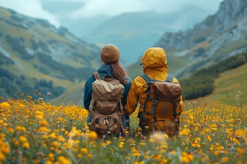 A pair of explorers wearing backpacks gazes upon a mountain landscape covered in yellow wildflowers, symbolizing adventure