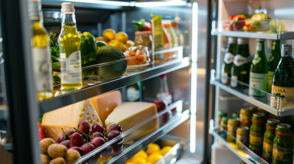 Refrigerator filled with various food, beverages, and condiments