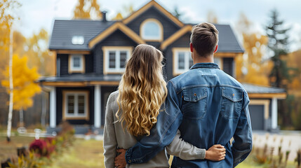 Fototapeta premium A couple standing outside their new home, looking at potential houses in the neighborhood.