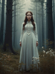 Fototapeta na wymiar Woman in white dress standing in mystical foggy forest