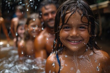 Obraz premium An exuberant child beams with pure joy amidst splashing water, capturing the essence of playful childhood