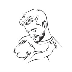 A continuous line art style logo of a happy family, with the father hugging his newborn baby son, enjoying parenthood.