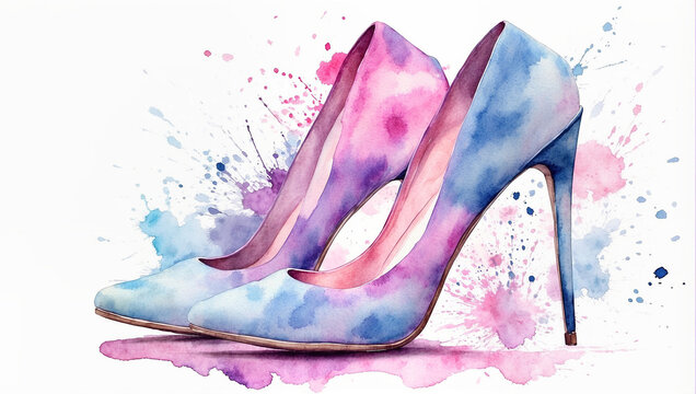 A watercolor painting of a high heel shoe. The colors are blue, pink, and purple.

